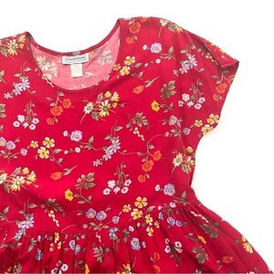 VTG 90s Flowy Red Rayon Dress Colorful Ditsy Floral Garden Girl Grunge Medium